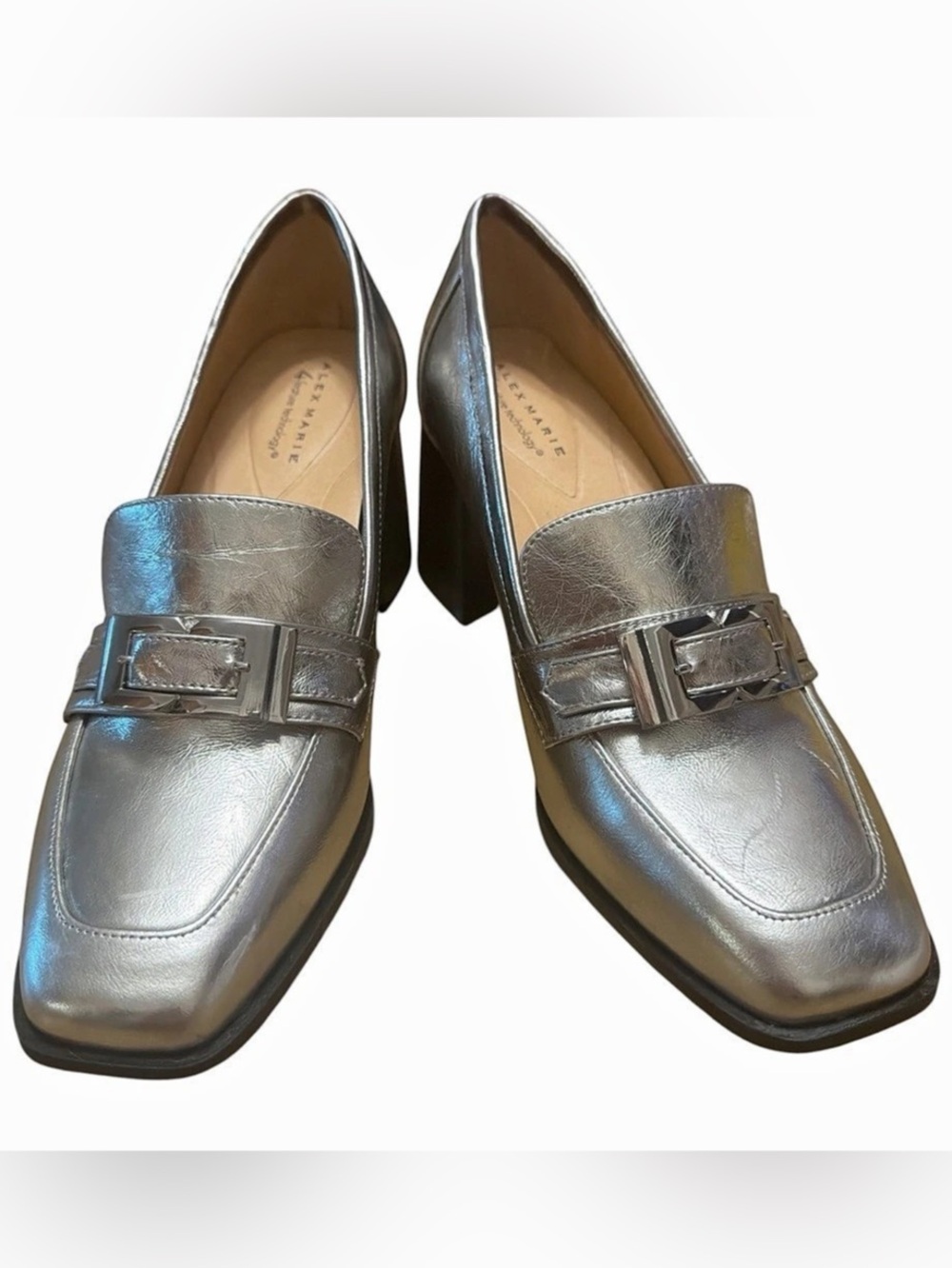 Metallic Retro Alex Marie Silver Leather Buckle Loafer Pumps 10M NWOB